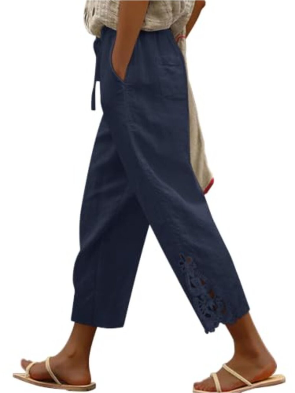 Women's Cotton Drawstring Pants with Pockets & Lace Hem